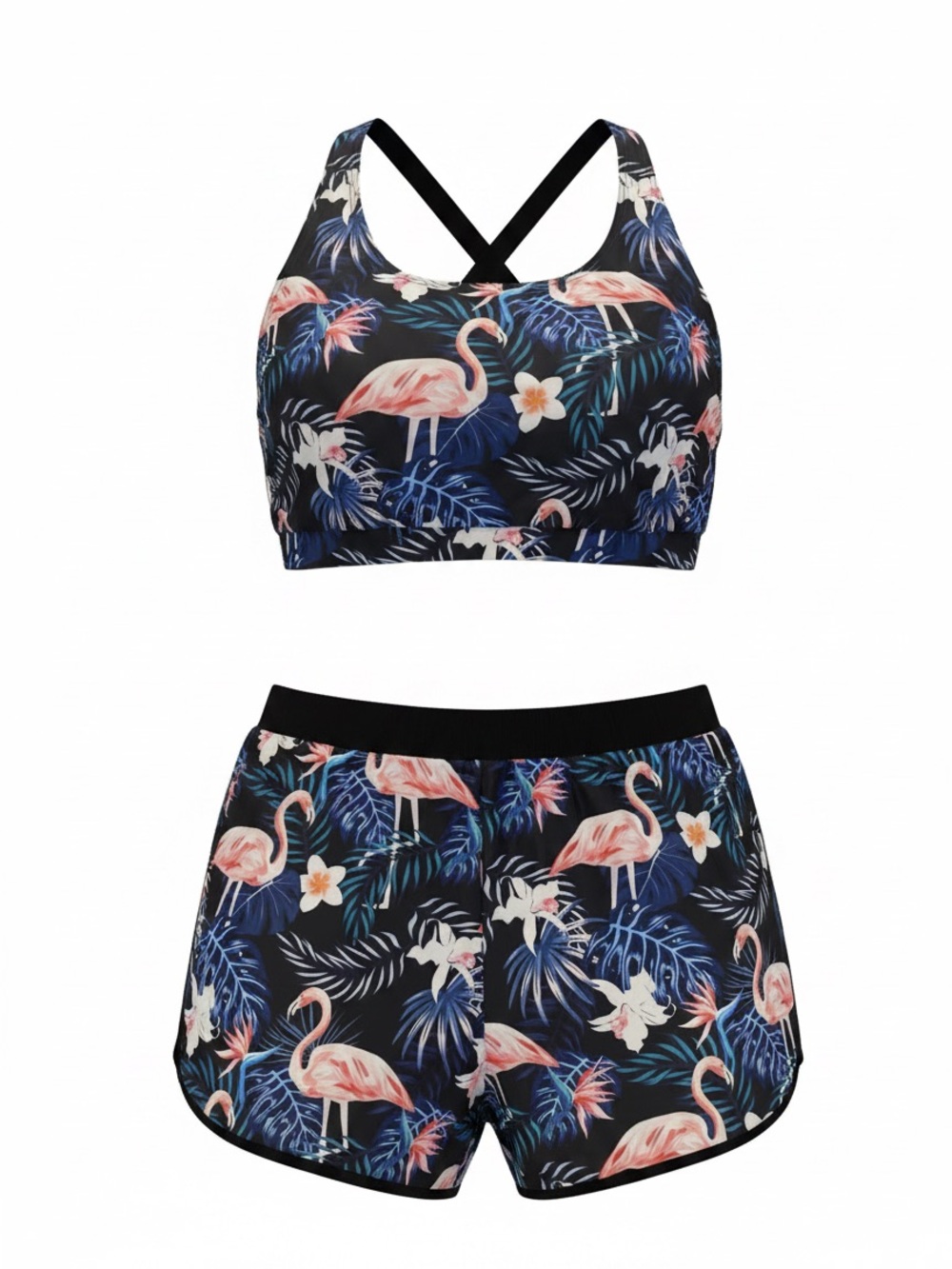 Womens Tropical Flamingo Two-Piece Set - Black, Pink & Blue